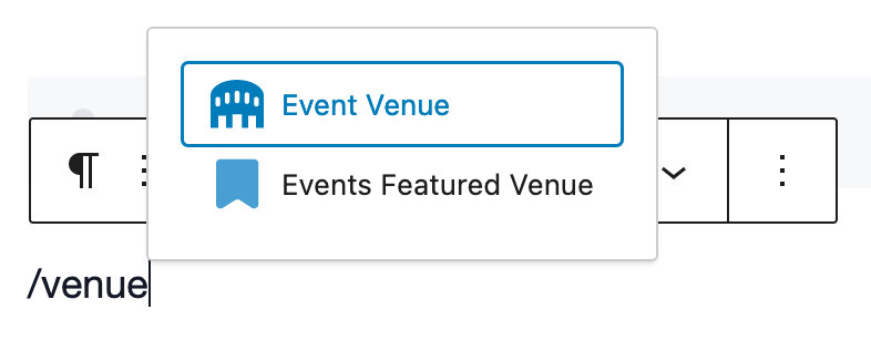 This image shows how to search for the venue block and add it to the post.