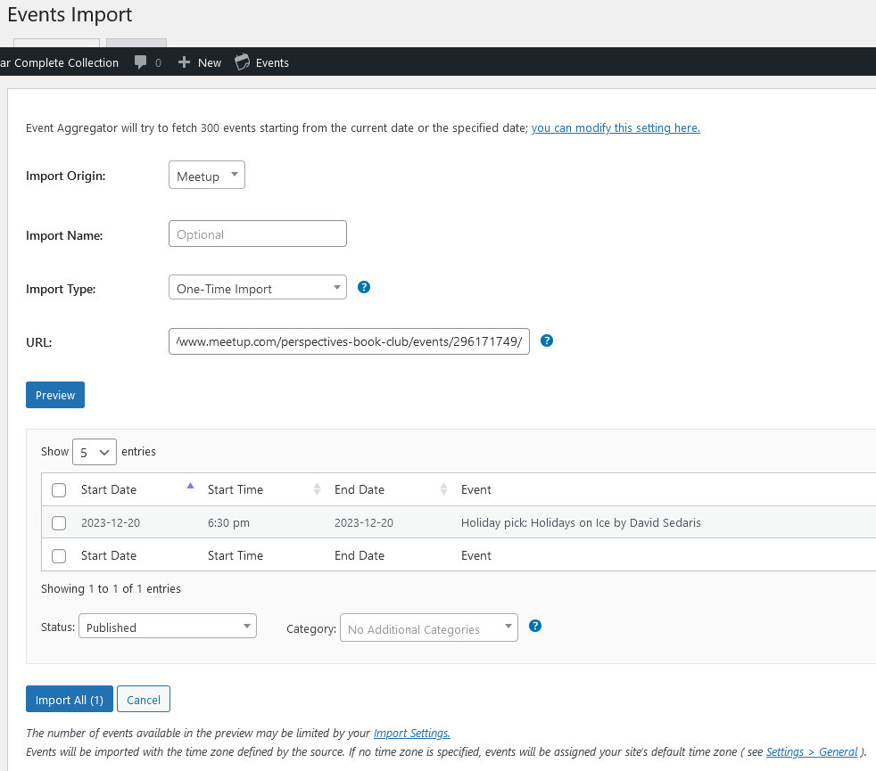 A series of fields related to the user interface for Event Automator when importing an event from Meetup.com into The Events Calendar.