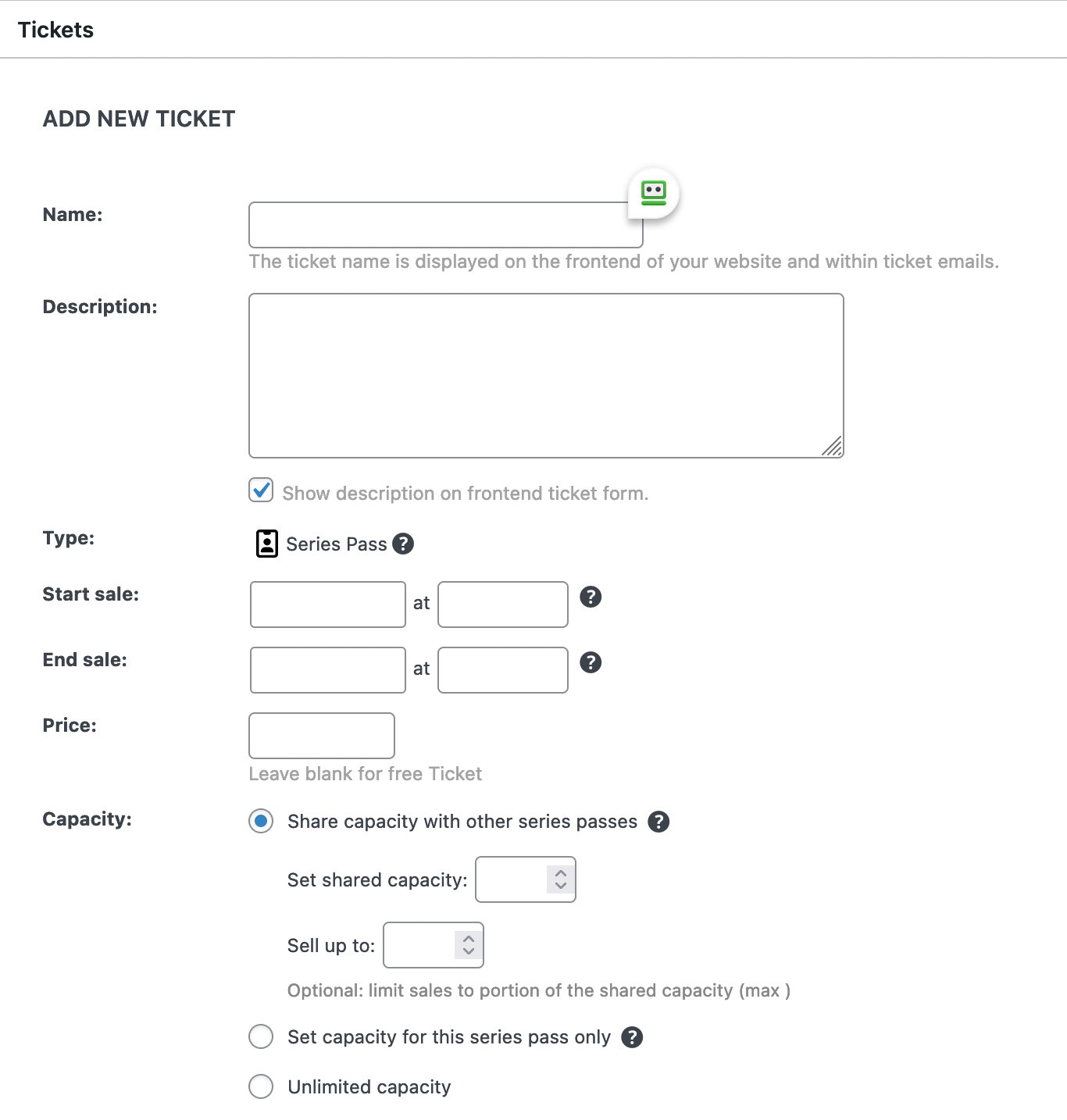 The user interface for creating a Series Pass in Event Tickets