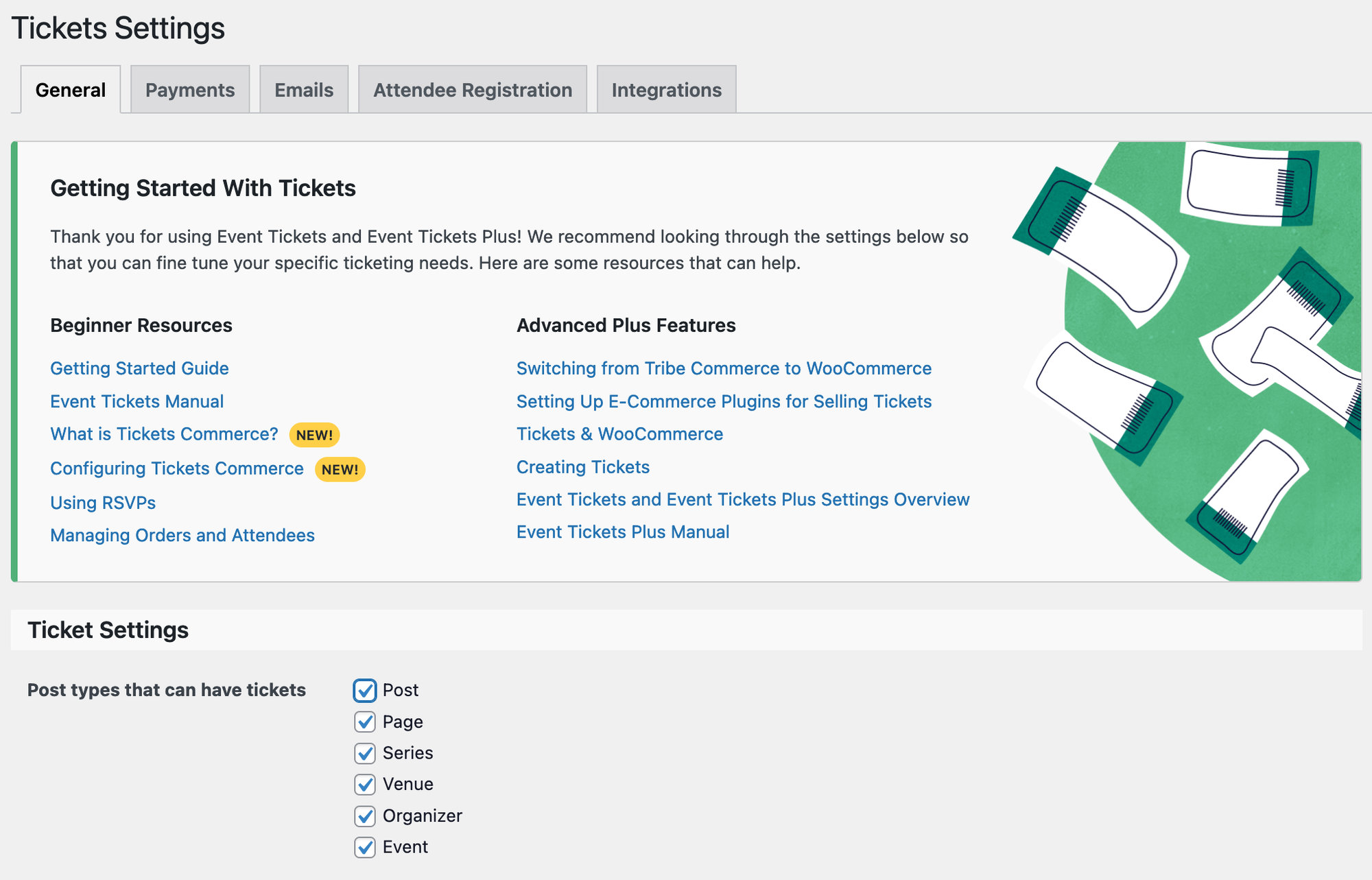 Tickets Settings UI showing what post types can have tickets