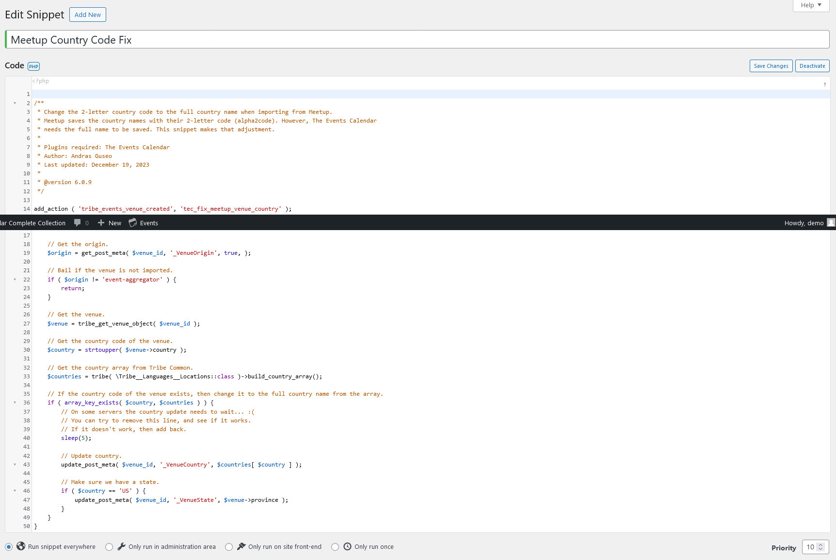 User interface for adding a code snippet to the code snippets plugin