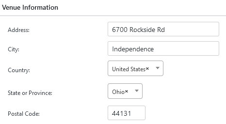 Information that displays the address, city, country, state or province, and postal code of a venue