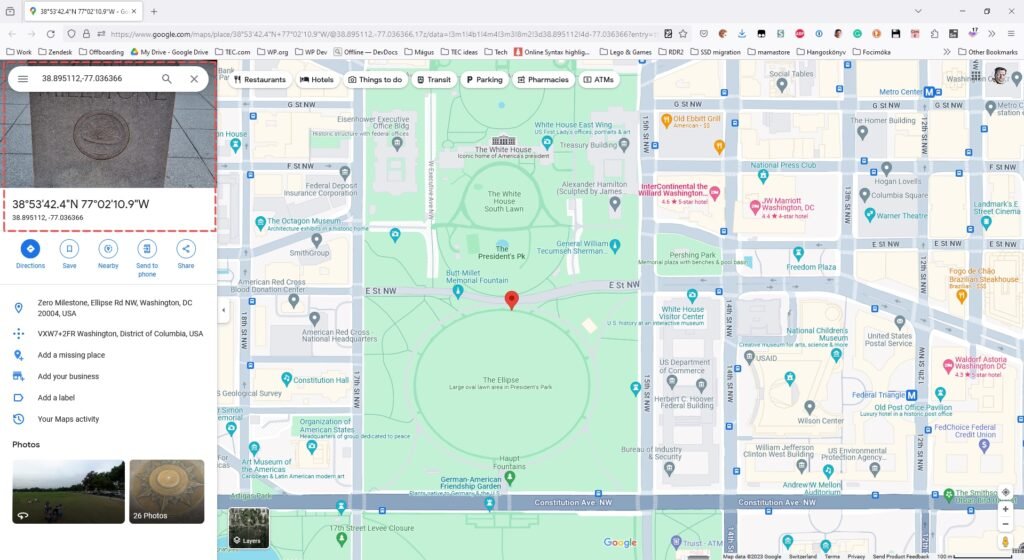 Image of Google Maps centered on the White House with coordinates showing the location.