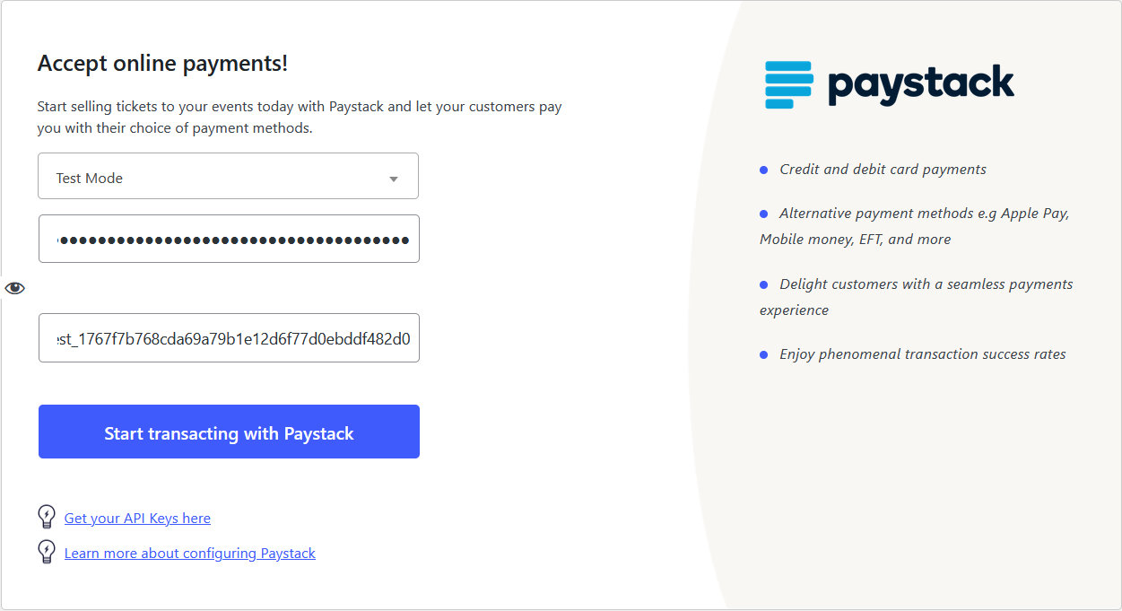 the connect with paystack screen where users enter their paystack api keys