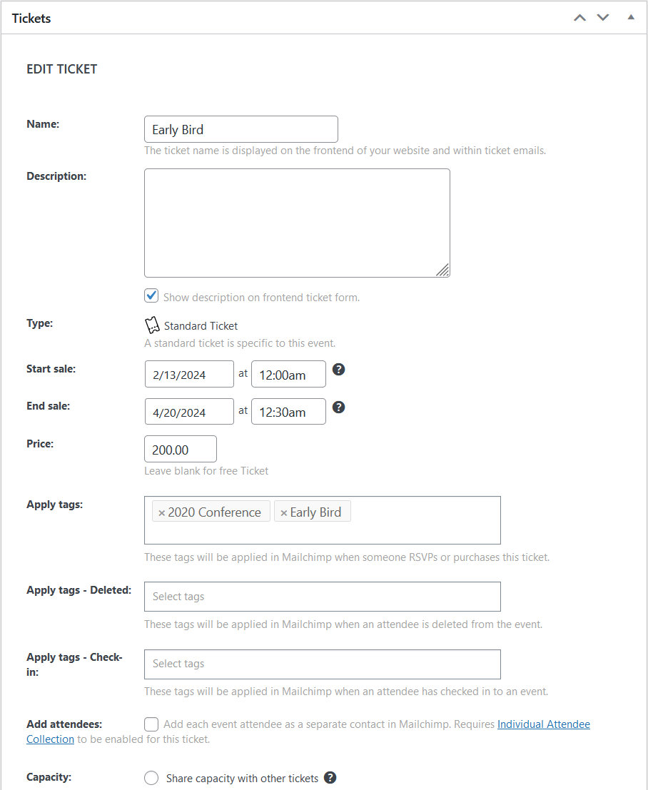 Editing the Early Bird ticket to see tags applied by WP Fusion and Mailchimp