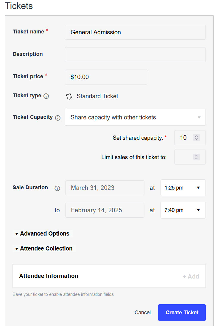 User Interface that contains fields and options for creating tickets 