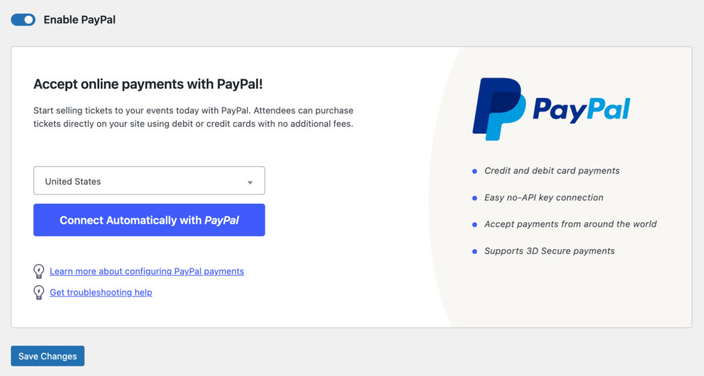 Connect Automatically with PayPal section of Tickets Commerce