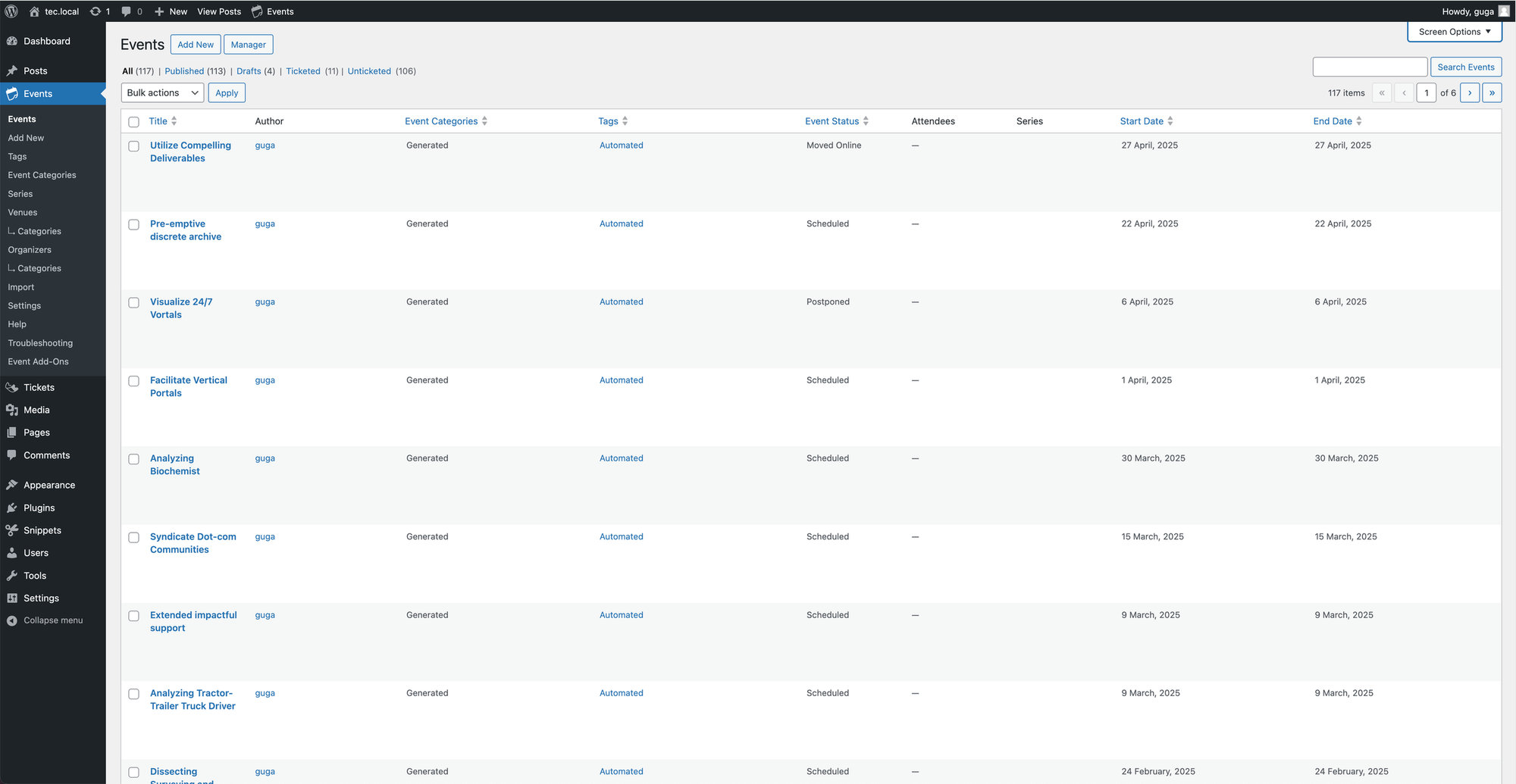 The events admin list view after adding the status column snippet