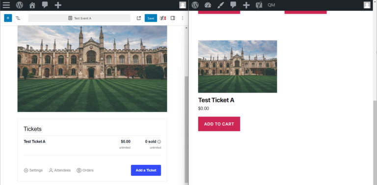 Ticket product with featured image