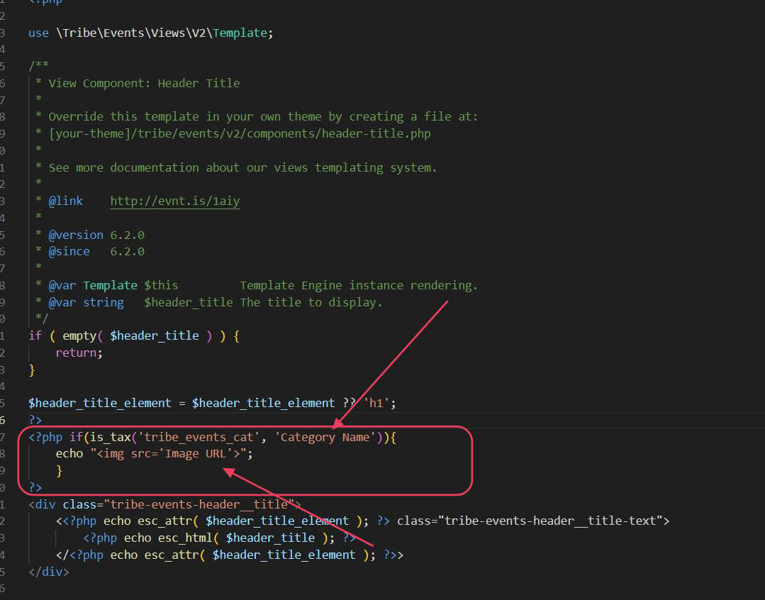 The header-title.php template override with the image conditional added after the header_title_element line
