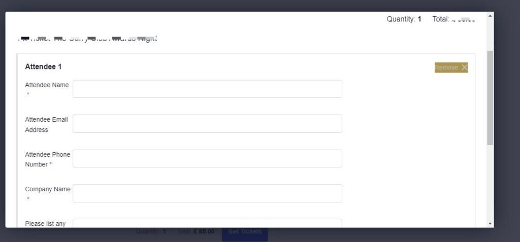 The registration modal showing attendee registration fields after enabling the Updated Tickets Experience option