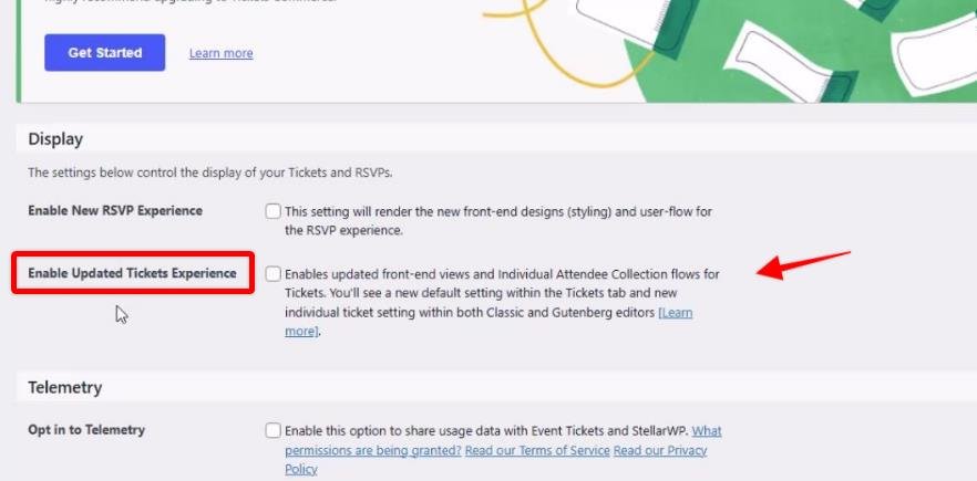 The Enable Updated Tickets Experience toggle in Tickets Settings