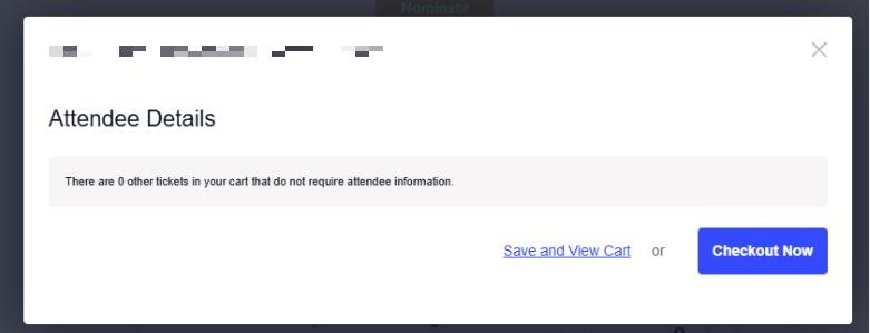 The registration modal showing the message 'There are 0 other tickets in your cart that do not require attendee information' instead of the attendee registration fields