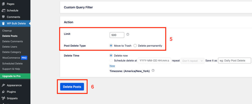 WP Bulk Delete action settings