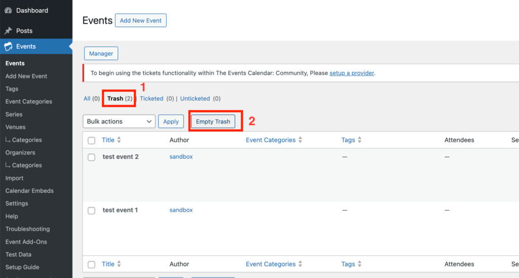 The Empty Trash button on the Trash tab