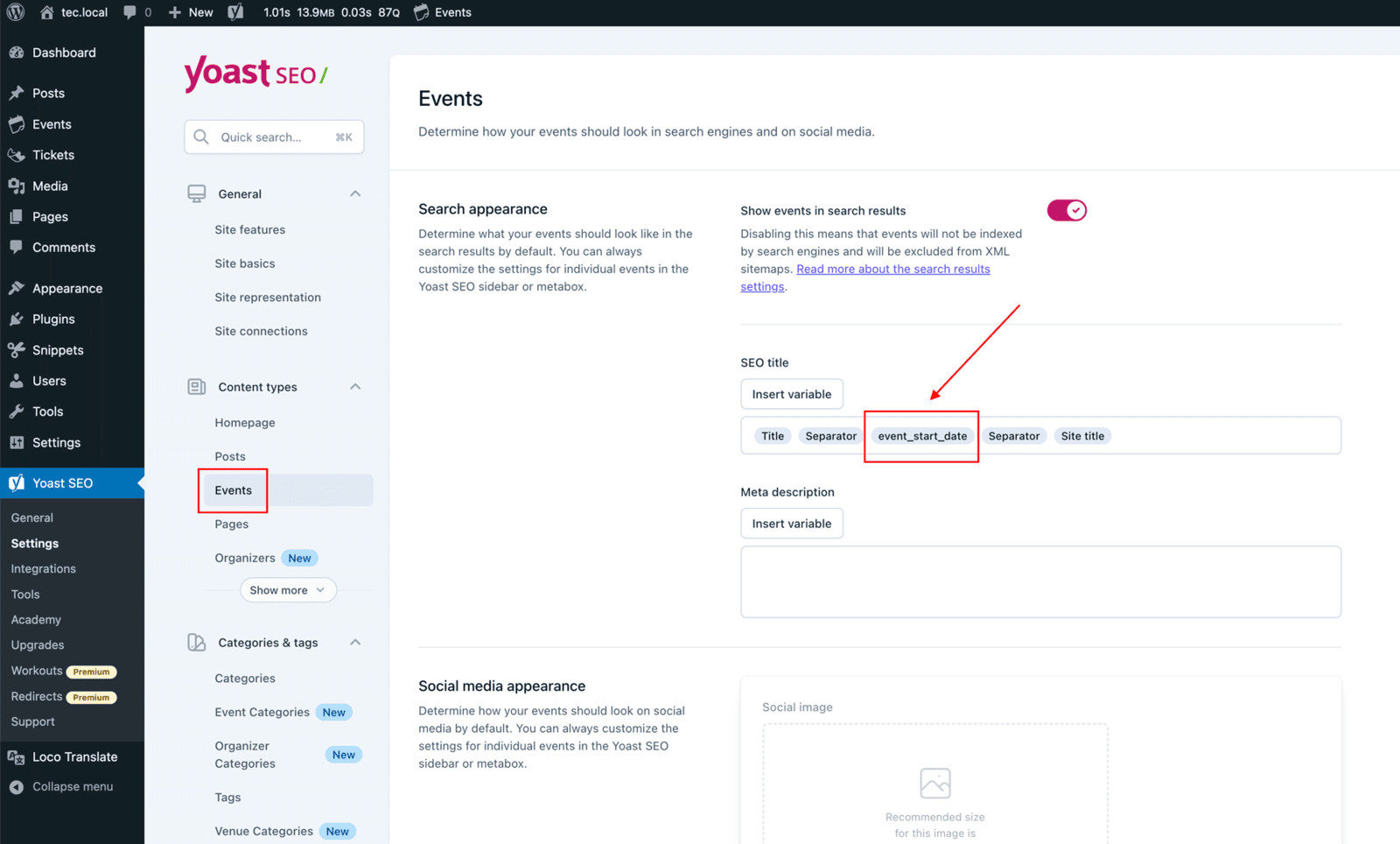 Yoast SEO Content Types settings showing Events post type with custom event variables inserted in the SEO Title field