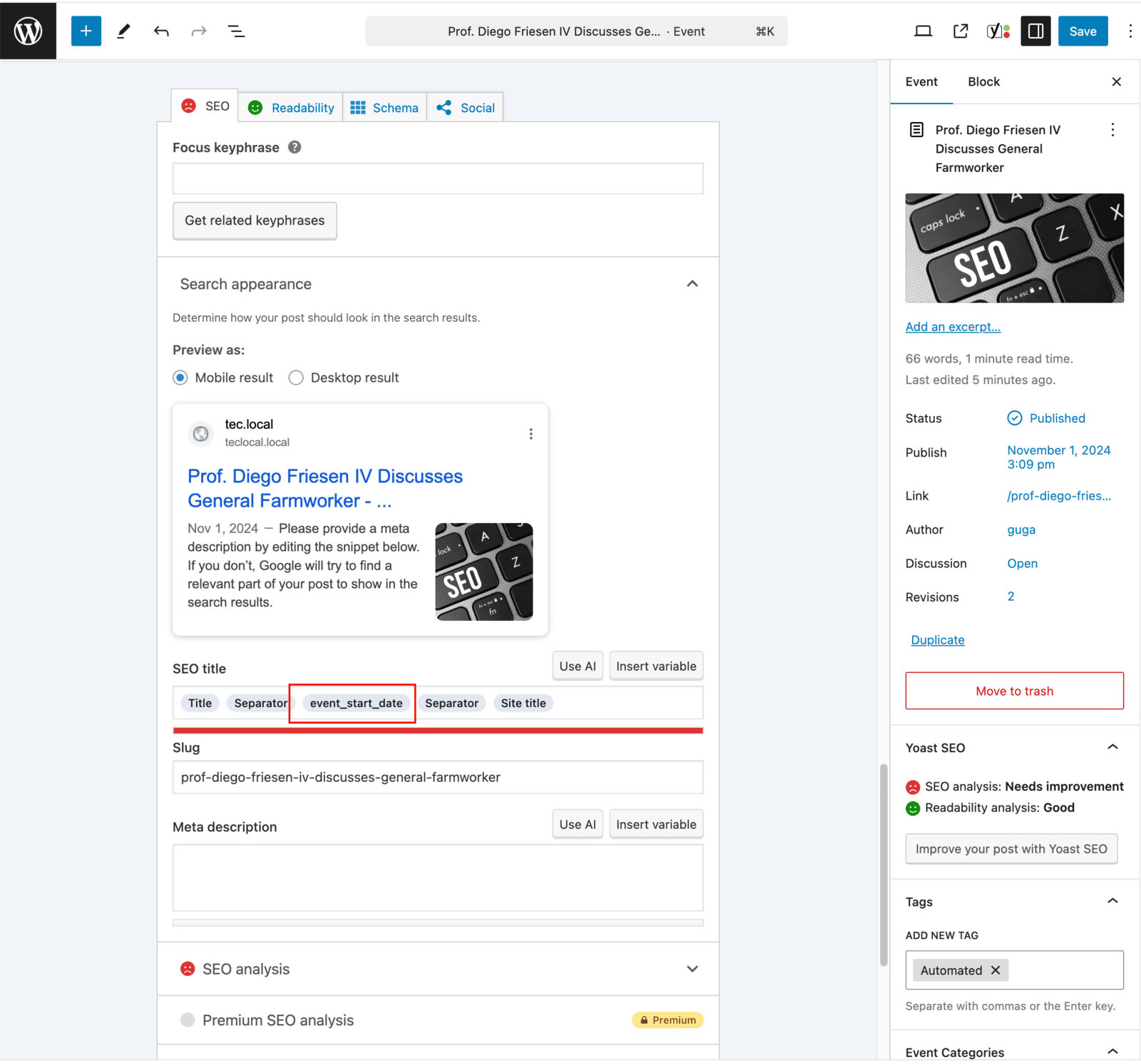 Yoast SEO meta box on an individual event post showing the per-event SEO Title field with custom variable