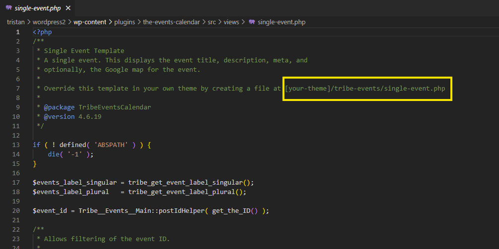 A template file open in a code editor, with the override path visible in the header comment