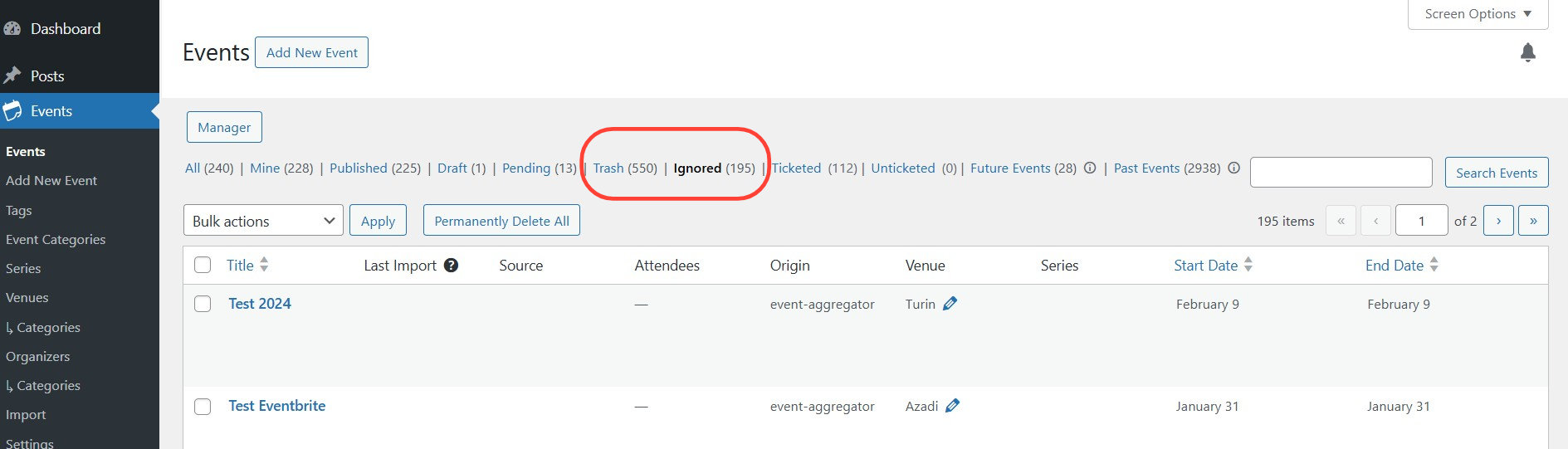 Ignored and Trash folders in the Events menu