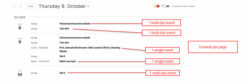 Summary View showing 5 events per page with a multi-day event spanning multiple rows