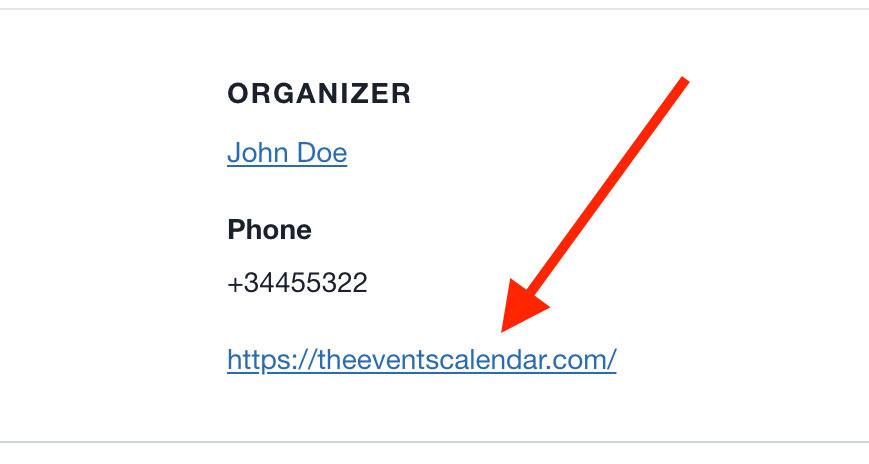 An event organizer link displaying the website URL directly instead of the 'View Organizer Website' label