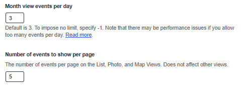 The Calendar Display settings showing the Month view events per day and Number of events to show per page fields