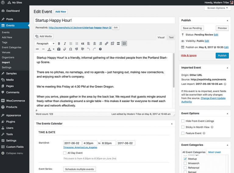 Event Aggregator import history available on individual event pages