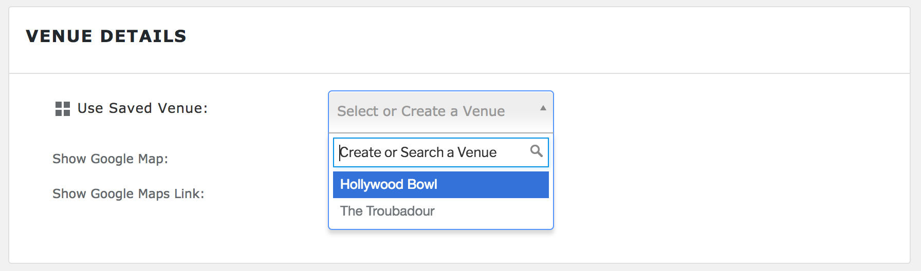 All saved Venues are displayed without the extension
