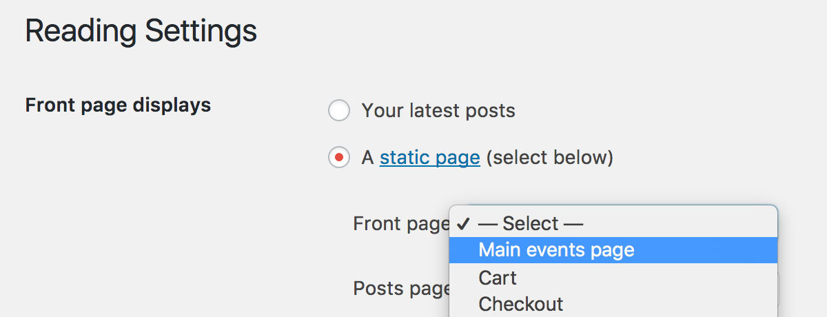 Set the calendar as the site homepage in the WordPress Reading Settings screen