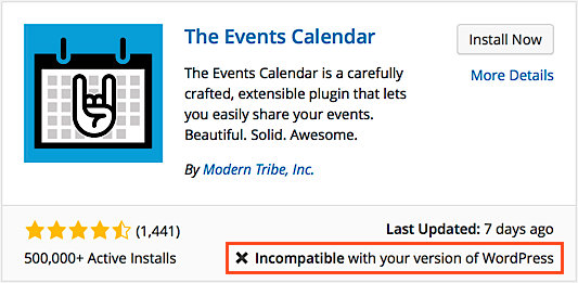 Notice that displays when attempting to install The Events Calendar on an older unsupported version of WordPress