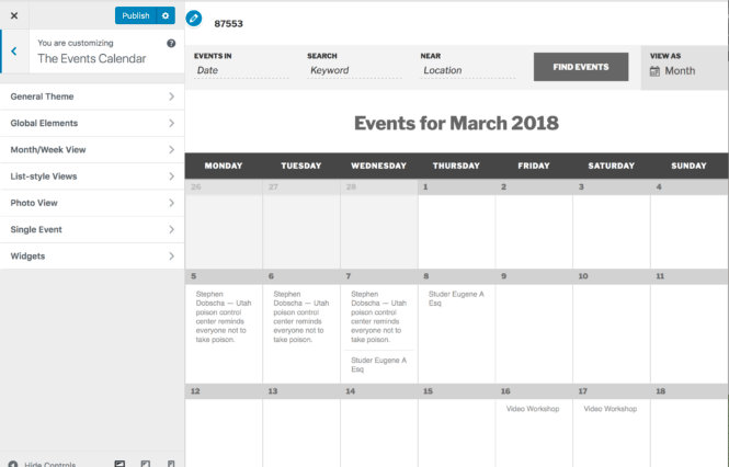 The Events Calendar Customizer Sub-Sections
