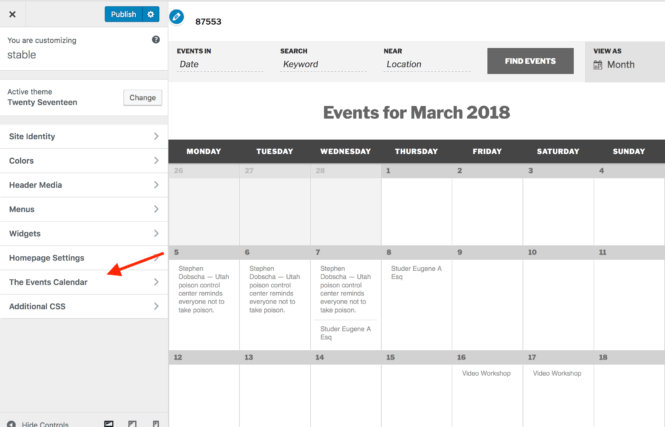The Events Calendar Customizer Section