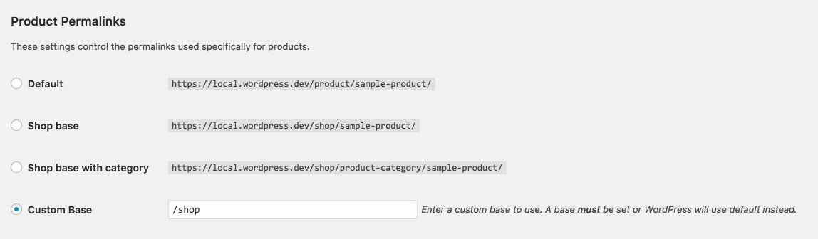 Product Permalinks screenshot