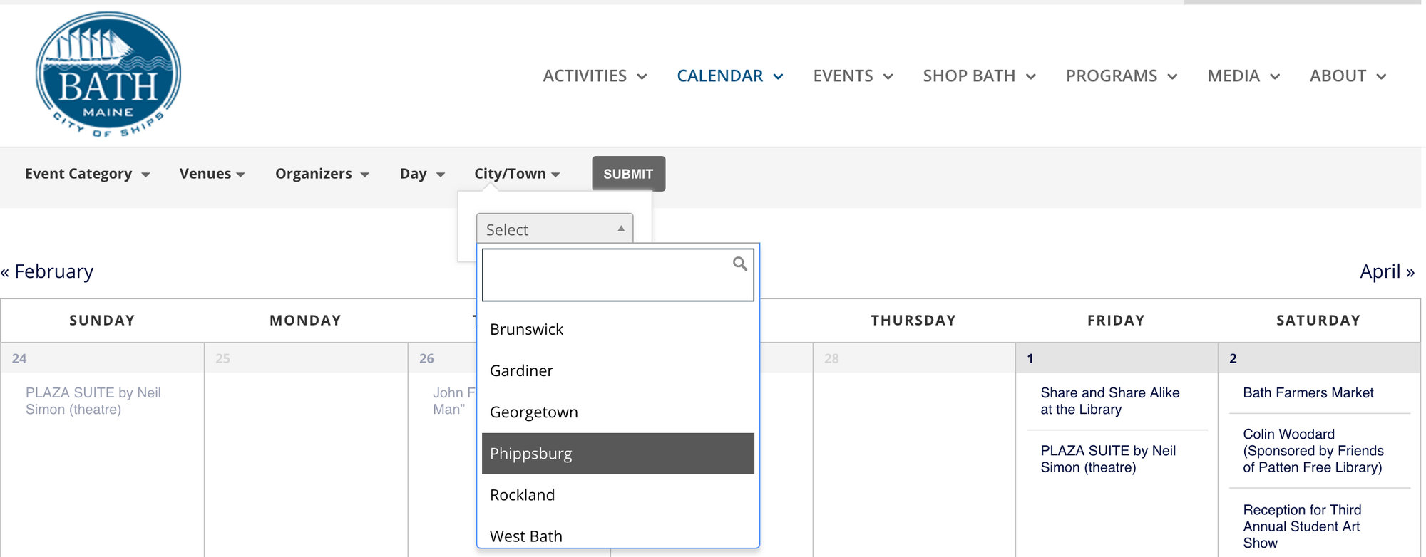 search events by city or location on visitbath.com