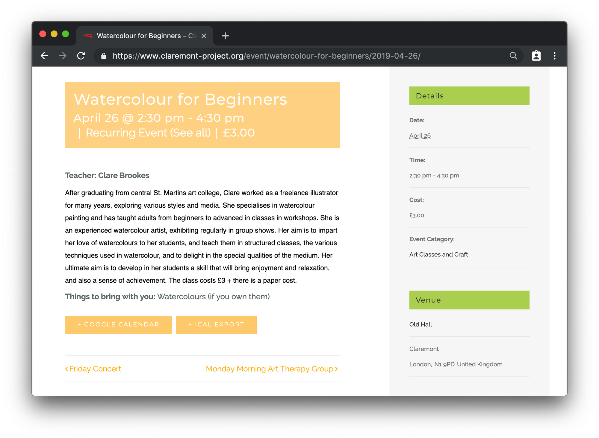 A screenshot of a Watercolor for Beginners class on the Clairemont Project's event calendar showing the event description and details.