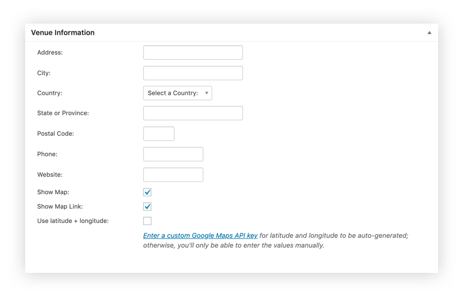 The WordPress editing screen for creating a venue on The Events Calendar provides fields for the location name and address, plus an image upload and coordinates to pinpoint the location on a Google Map.