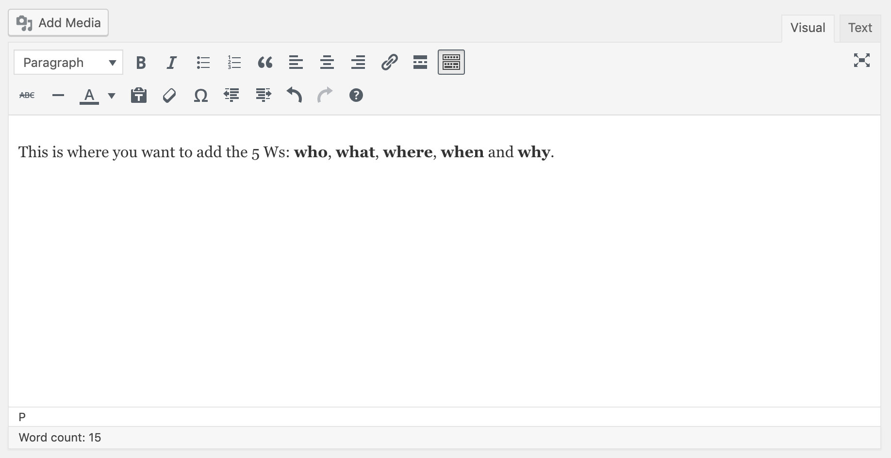 The event description editor in The Events Calendar admin screen in WordPress.