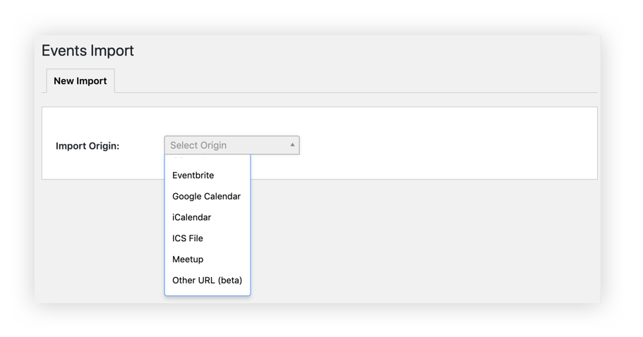 A screenshot of the event import screen showing a dropdown of the sources available to import events, including Meetup, among others.