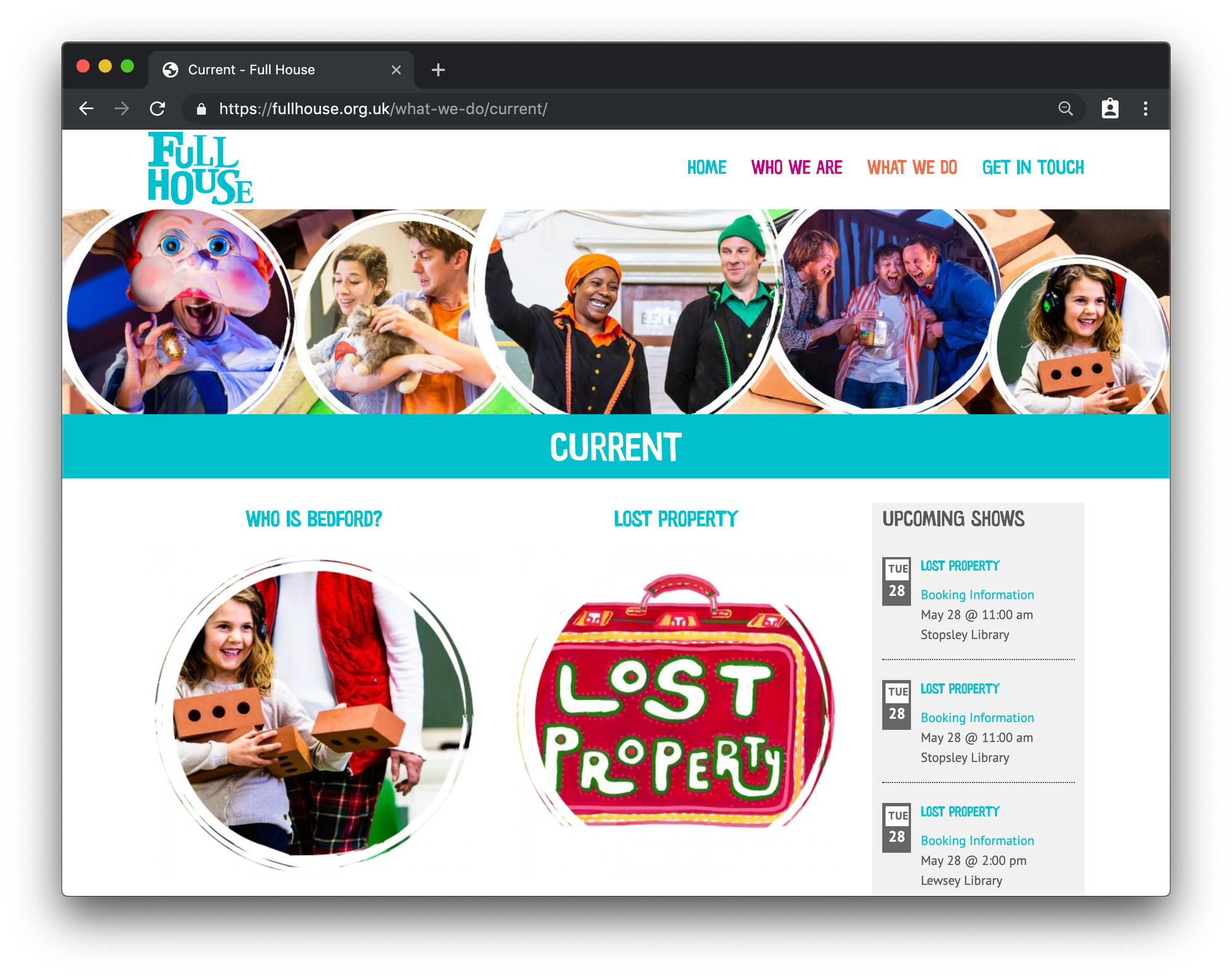 A screenshot of the Full House page that lets visitors choose between past and current events. Those options are side-by-side with a blue heading and circular images below that. There is a third column the lists all upcoming events.