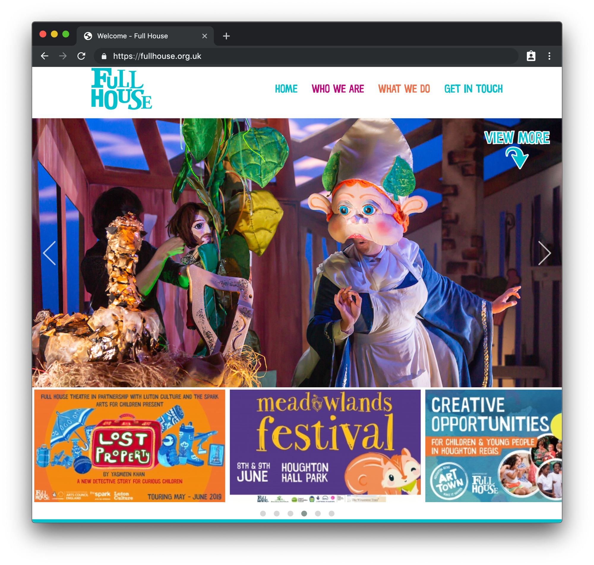 A screenshot of the Full House website that shows a large hero image of a performance and three promotional image thumbnails below it.