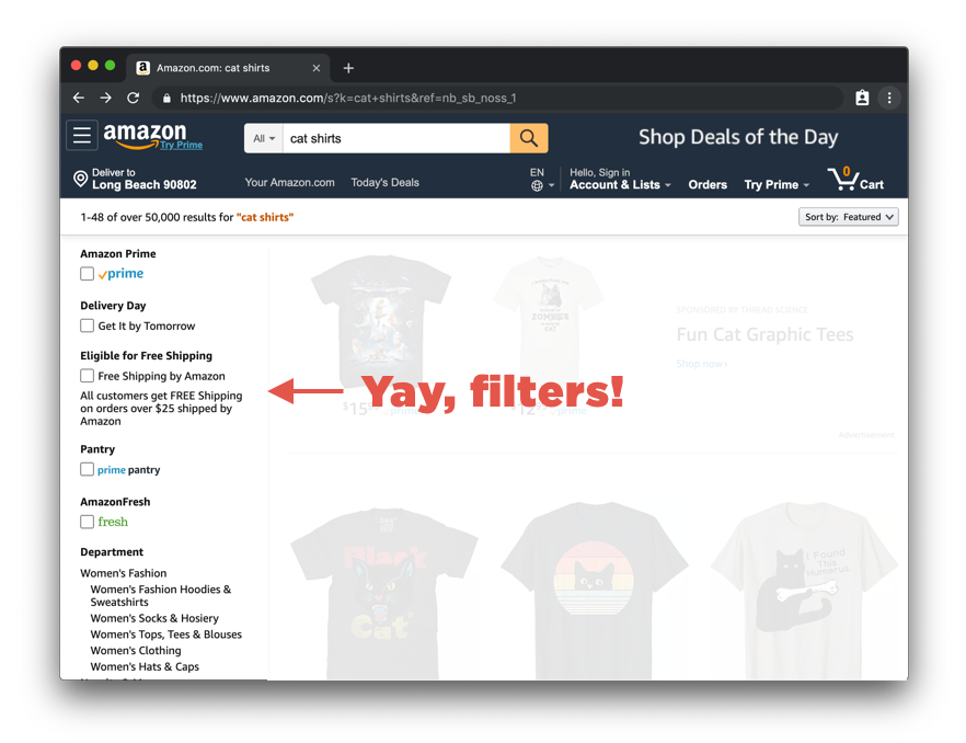A screenshot of an Amazon.com search screen for cat shirts where the results are displayed as tiles of product images on the right and a list of filters are on the left as a sidebar.