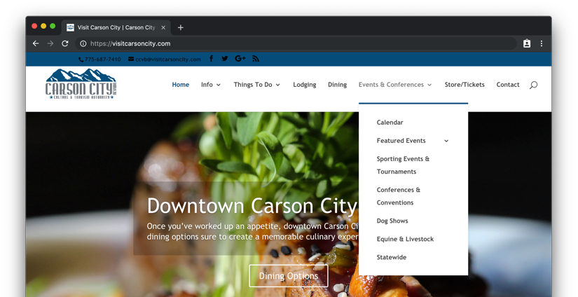 Another screenshot of the Visit Carson City site header, this time with the Events and Conferences dropdown menu expended, which displays a number of event categories, including Sporting Events, Conferences and Dog Shows, among others.