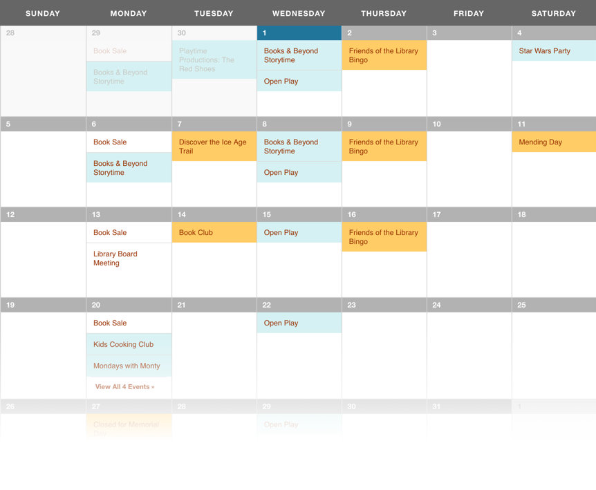 A screenshot of the Saulk City Public Library calendar for the month of May 2019 showing events color coded in light blue and gold.