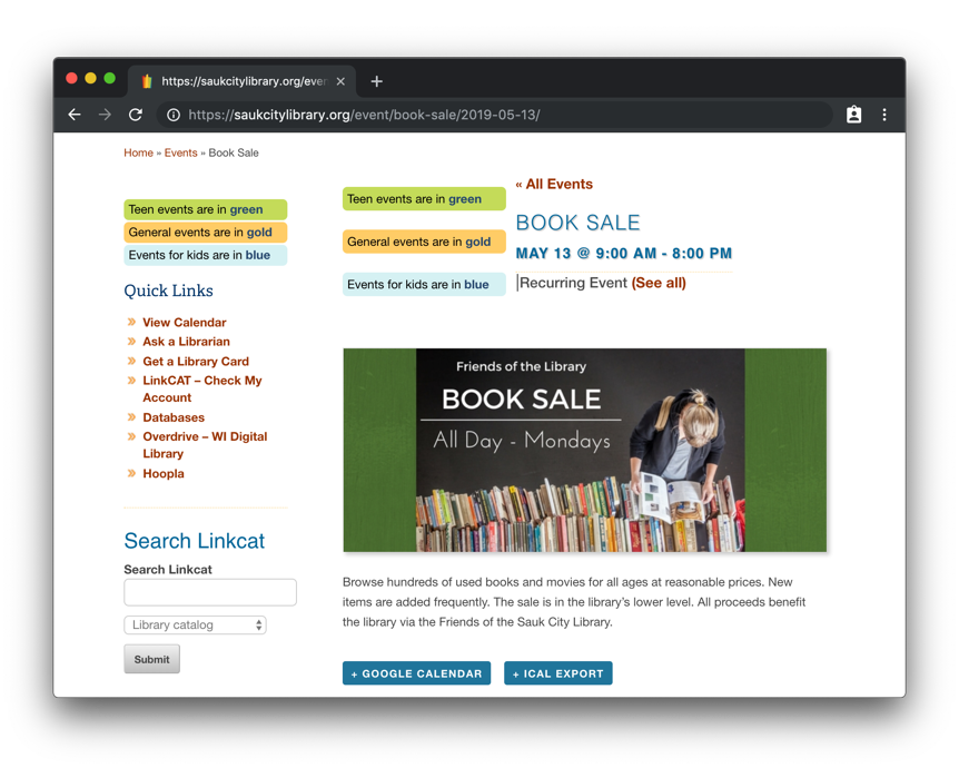 A screenshot of the details for an event on the Saulk City Public Library website for a Book Fair, showing the event name, dates, featured image and event description.