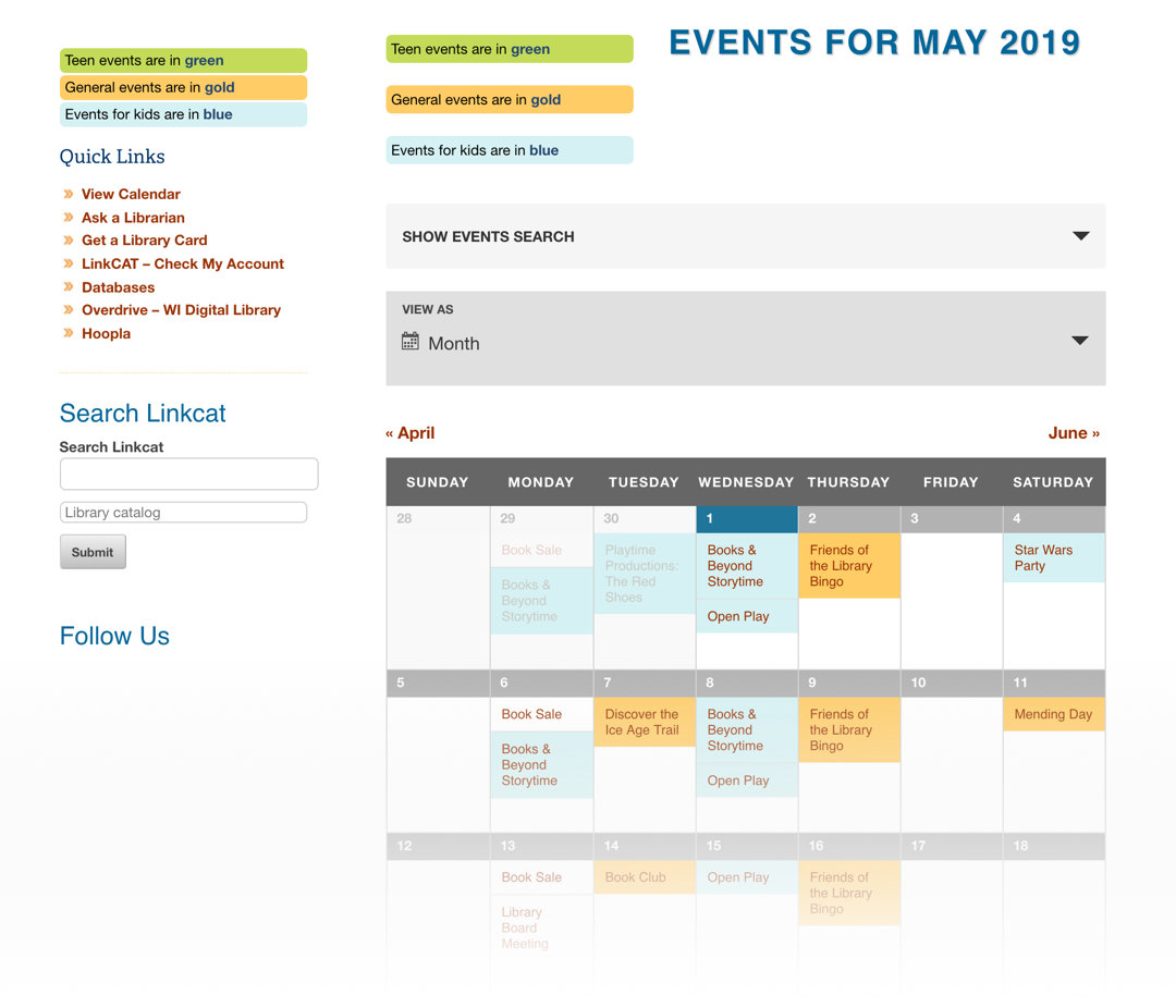 A screenshot of the Saul City Public Library calendar showing event for May 2019 in a month grid. The events are color-coded in light blue and gold.