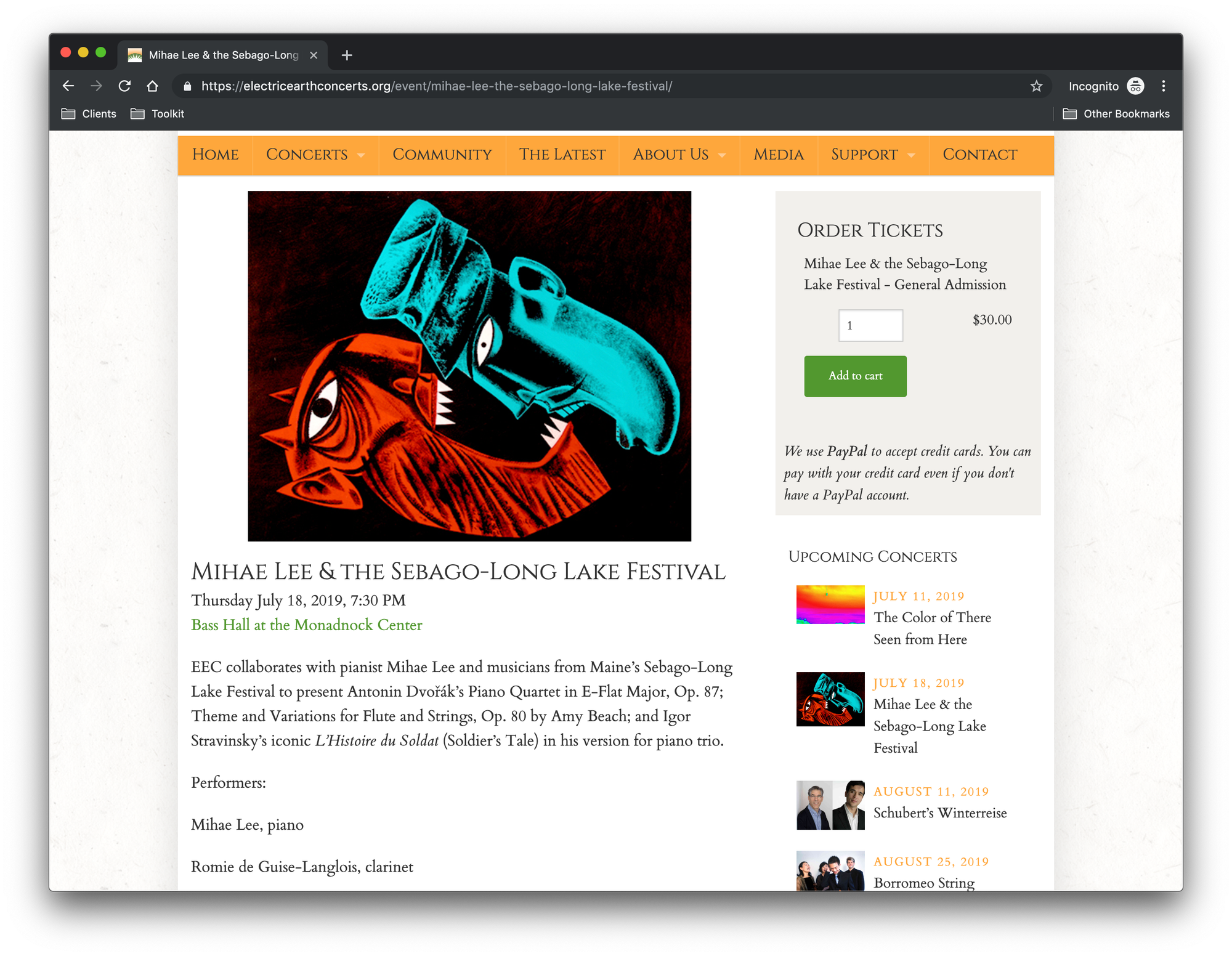 Screenshot showing events listed out and containing a featured image, event title, dates and times, a description, and a button to see more.