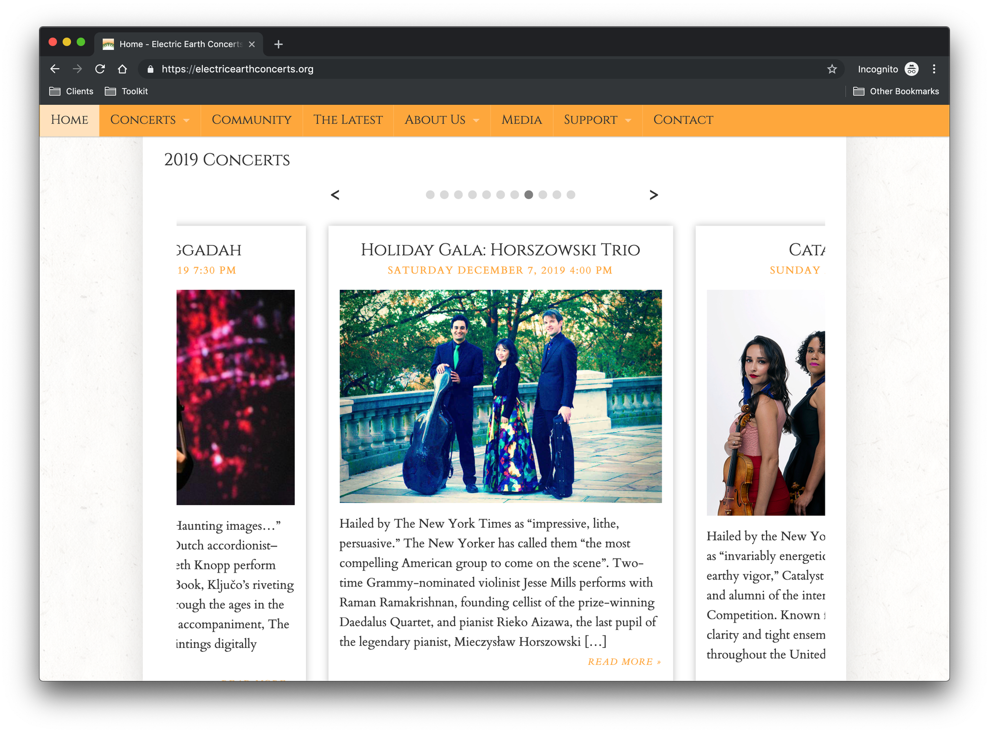 The Electric Earth homepage showing a carousel that allows users to slide between events.