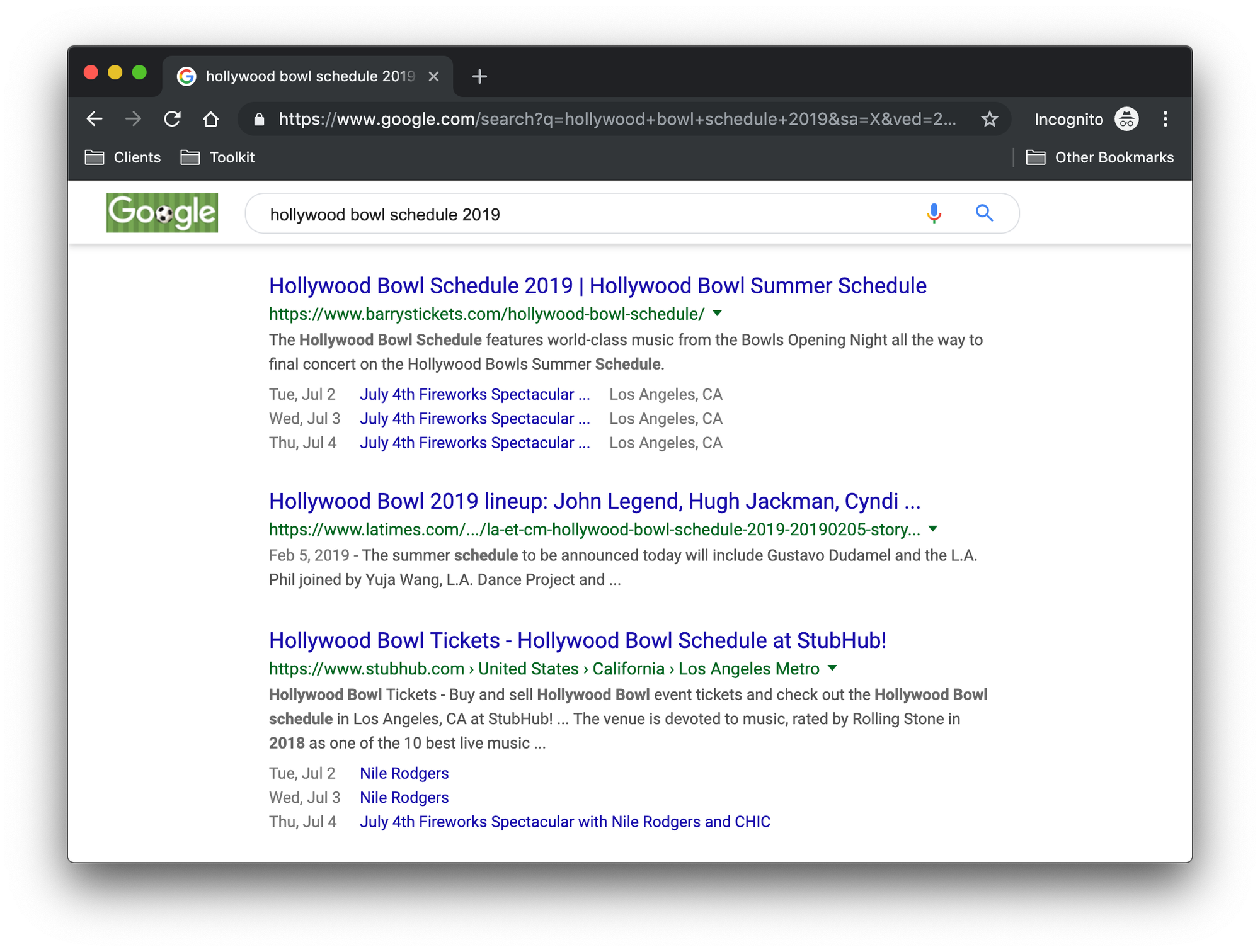 Three search results on Google, two of which using structured data that lists three upcoming events from the calendars on those sites.