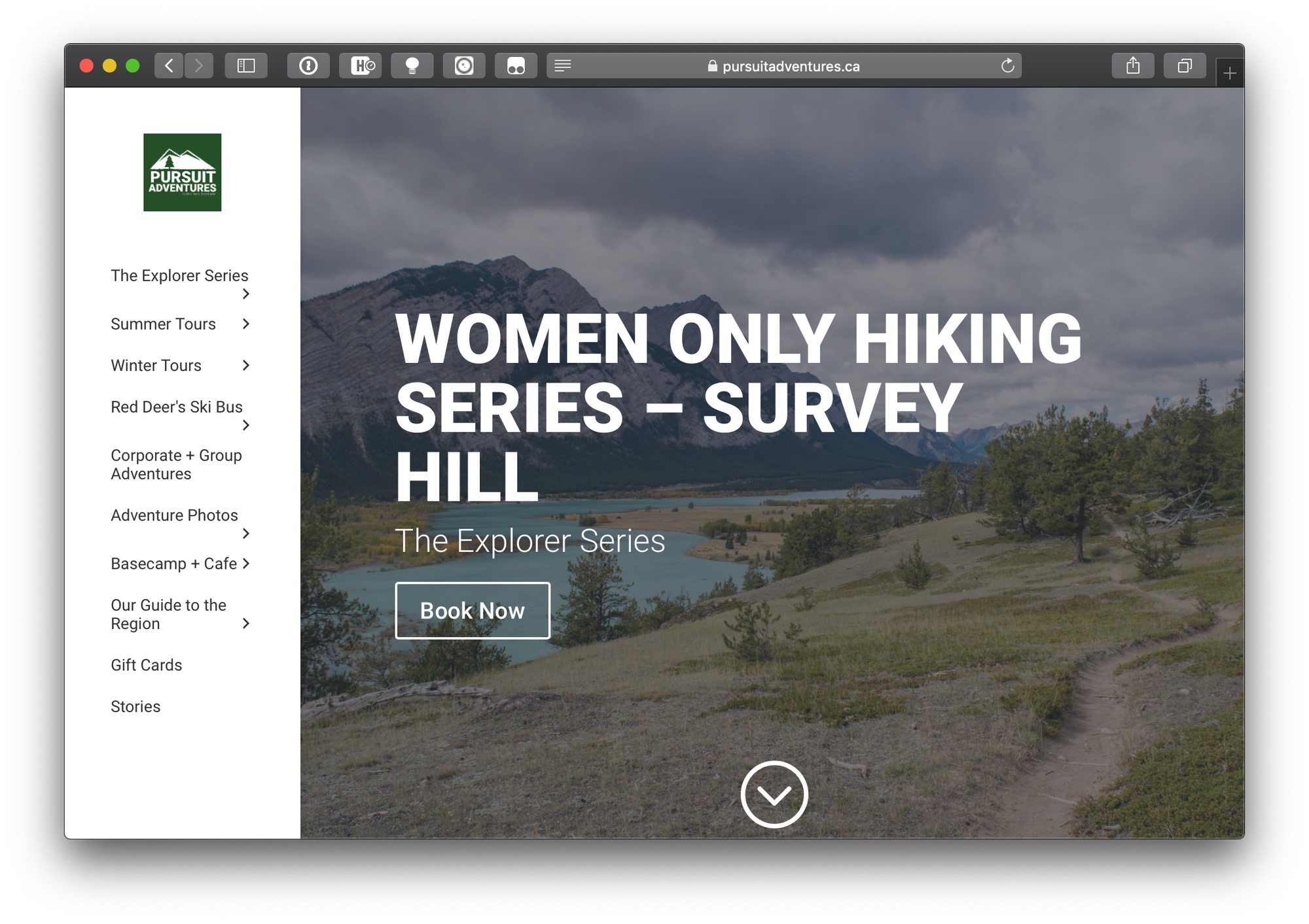 Event title against a backdrop of mountains and a lake