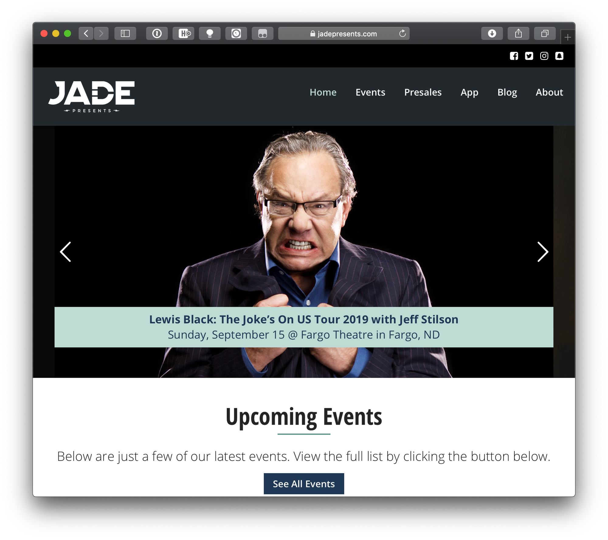 A slider on the Jade Presents homepage showing featured upcoming events.